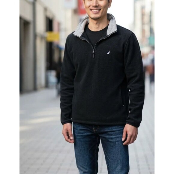 Nautica M Black & Gray Fleece 1/4 Zip Pullover Sweater For Men - Picture 1 of 6